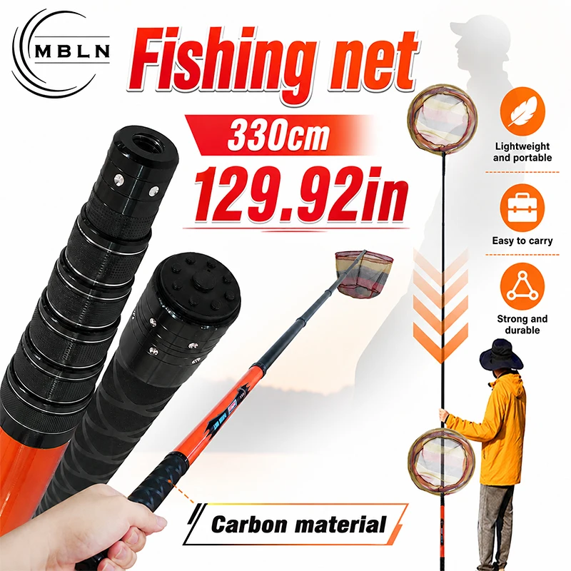 330CM Carbon Fiber Fishing Landing Net, Telescopic Foldable Fish Net with Rubber Coated Mesh, Lightweight Pole
