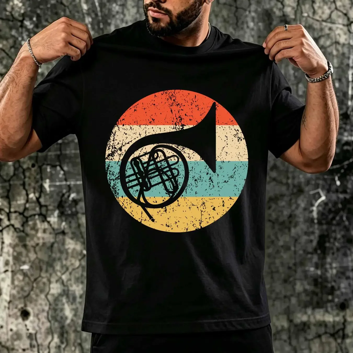 washed T Shirt French Horn Musical Instrument Silhouette Retro Band vintage Washed designer clothes Top For Everyday Wear