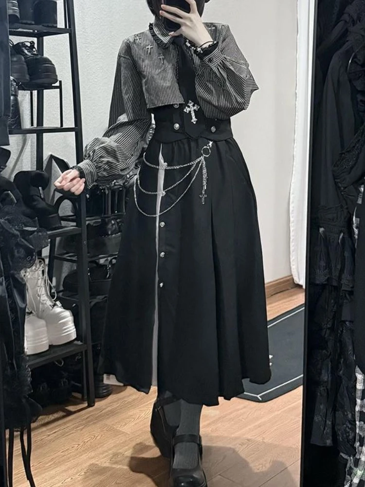 New Subculture Gothic Vintage 2 Piece Set Women Retro Y2k Long Sleeve Tops Blouse + High Waist Retro Skirt Harajuku Chic Outfits