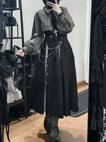 New Subculture Gothic Vintage 2 Piece Set Women Retro Y2k Long Sleeve Tops Blouse + High Waist Retro Skirt Harajuku Chic Outfits