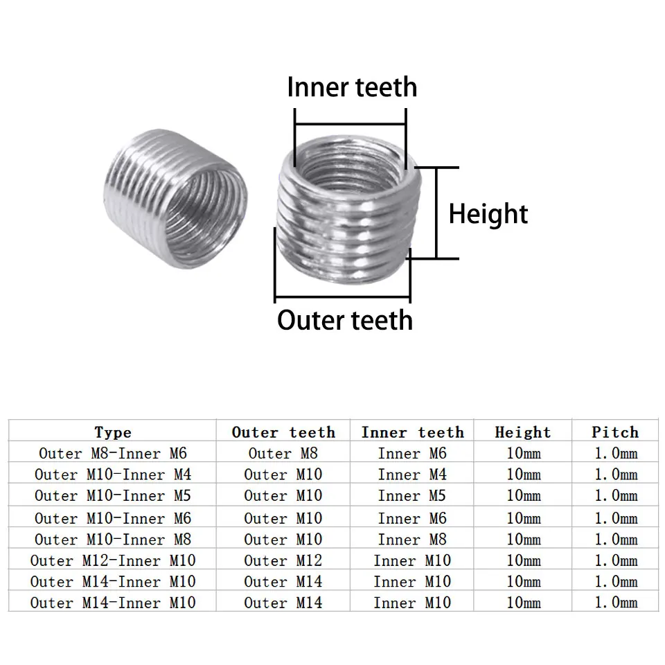 10Pcs M6-M8,M4 M6 M8 To M10, M10 To M12/M14 Inner Outer Threaded Hollow Tube Coupler Conveyer Adapter Screw Pitch 1.0mm