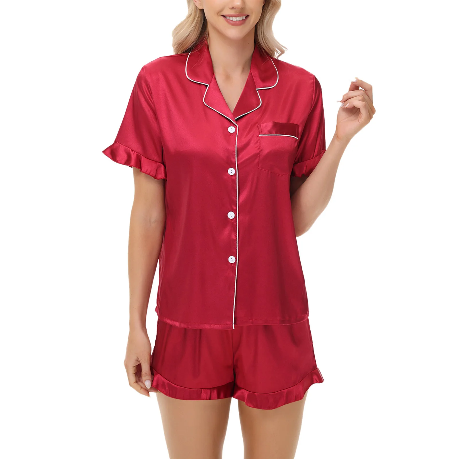 

Satin Pajamas Set Double Ruffled Silky Like Short Sleeve Shorts Trendy Comfortable Stylish Daily Home Wear Ladies Loungewear