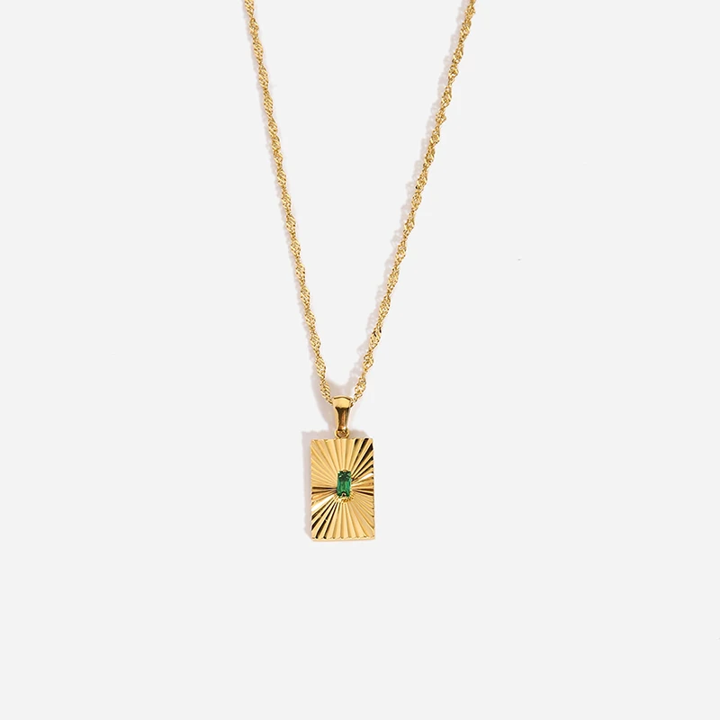 Trendy 18k Gold Plated Stainless Steel Green Zircon Sunlight Rectangular Pendant Necklace for Women Fashion Jewerly Gift