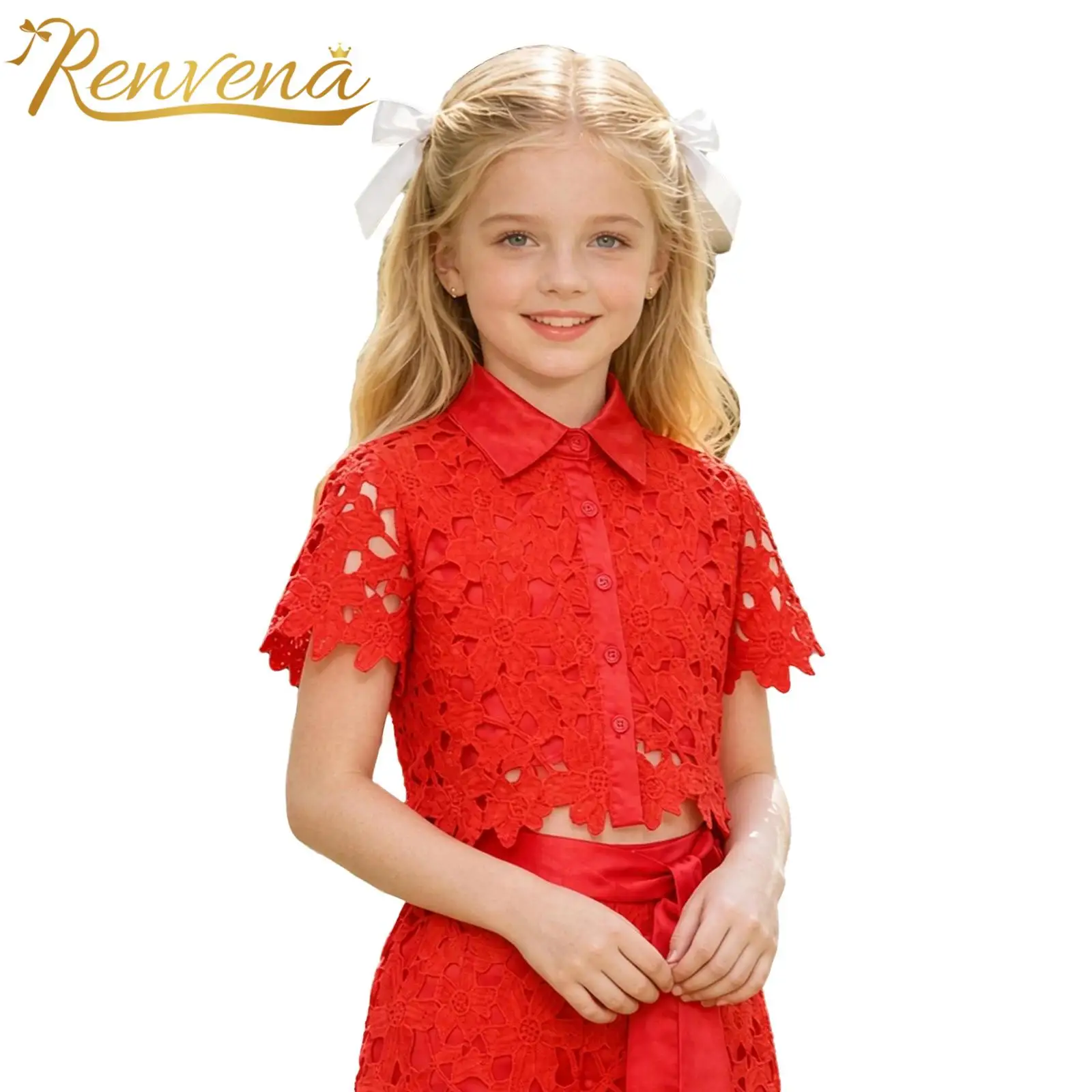 Children Shirts Girls Hollow Out Floral Lace Crop Top Turn-down Collar Short Sleeve Button Shirt for Dance Birthday Party Outfit