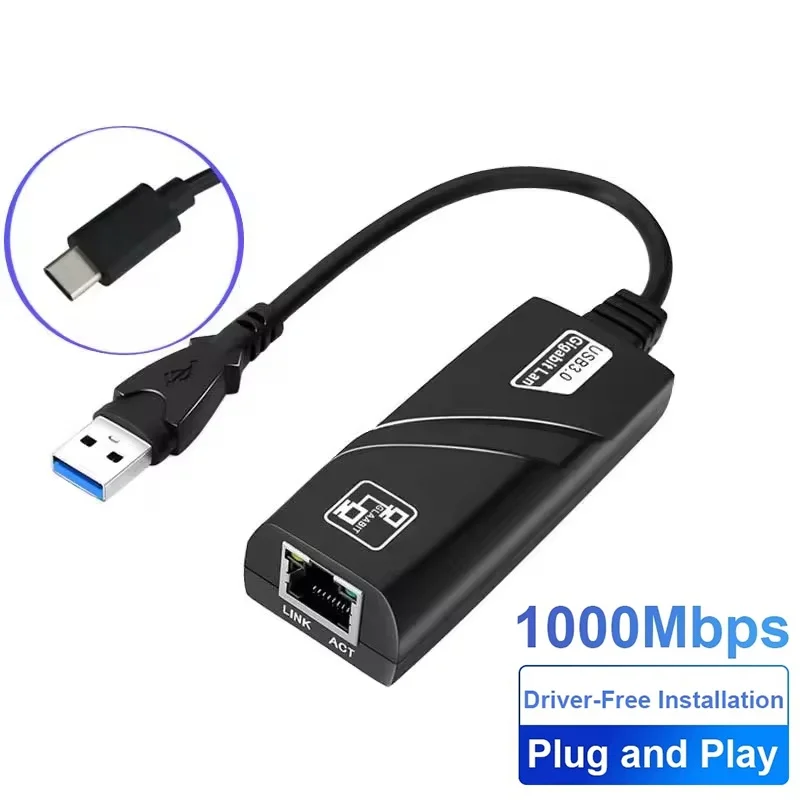 Carte réseau filaire USB 3.0 de type C, 10/100/1000Mbps, USB vers RJ45, adaptateur Ethernet LAN de type C vers RJ45 pour PC, Macbook, ordinateur portable Windows