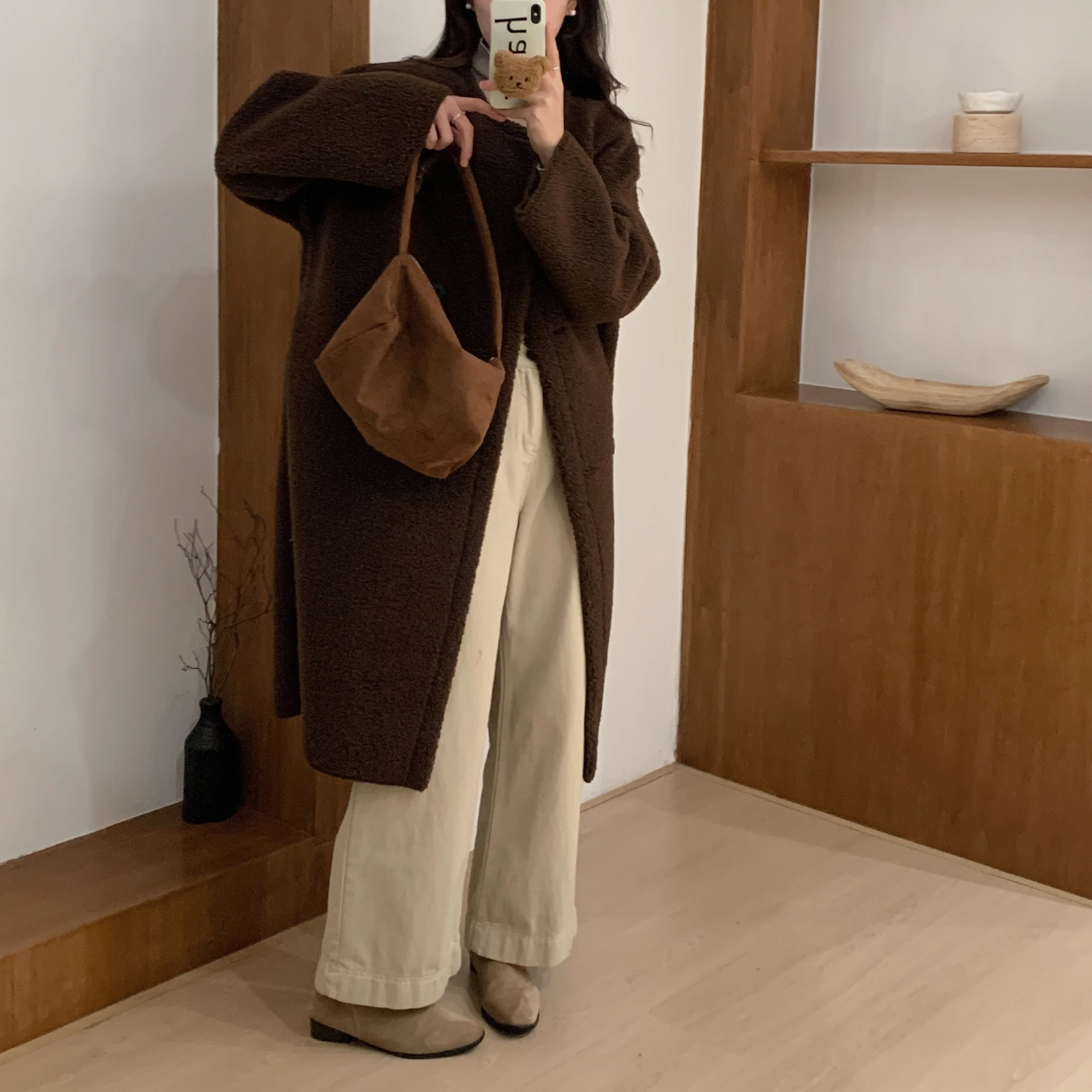 معطف نسائي طويل من الفرو للخريف والشتاء أنيق فضفاض بزر مزدوج ملابس خارجية كورية ملابس خارجية دافئة للمدرسة والشارع Sle #3