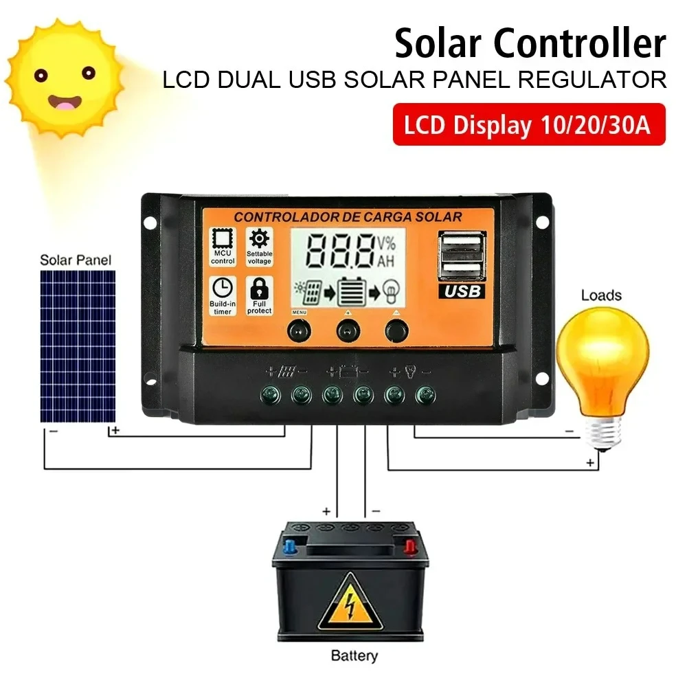 12V 24V Auto PWM Solar Charge 10A 30A 60A 100A Controller EESBAO LCD Dual USB Alloy Heat Dissipation RV Outdoor Solar Regulator