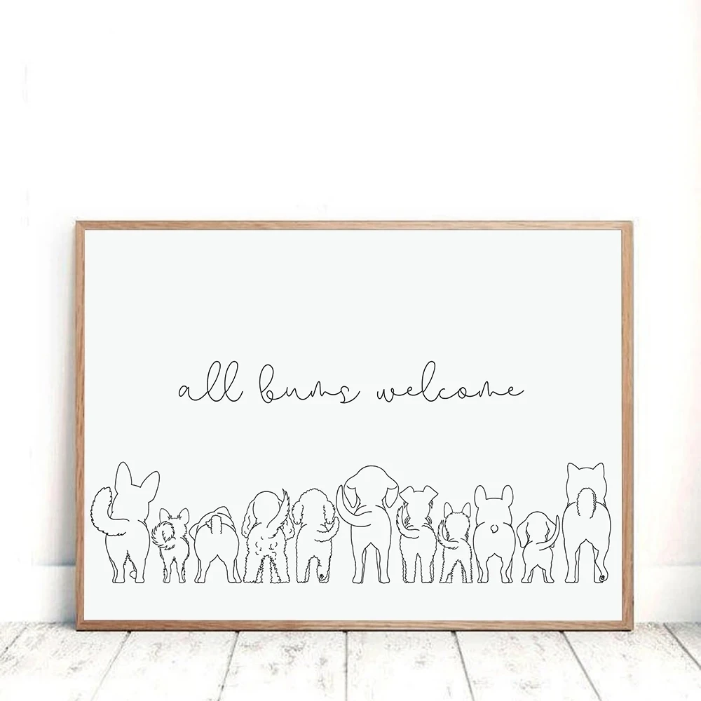 All Bums Welcome Quotes Prints Canvas Painting Line Art Dog Butts Bathroom Poster Wall Art Pictures for Toilet Room Decor