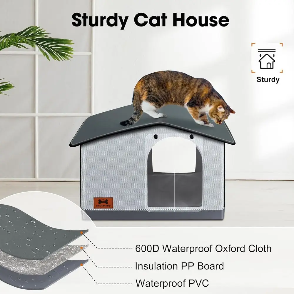 Weatherproof Outdoor & Indoor Heated Cat House with Pad, Suitable for Feral Cats & Small Dogs, 20x17x16 inches