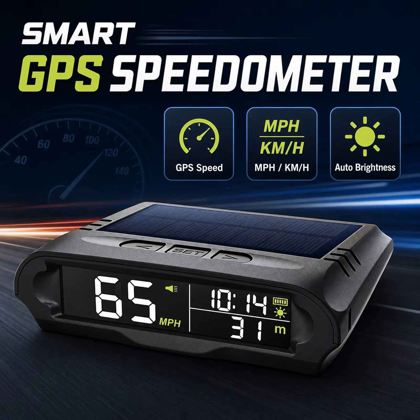 Solar-Powered GPS Speedometer for Car, Digital Gauge with Speed, Time, Altitude & Interior Temperature, Universal Vehicle