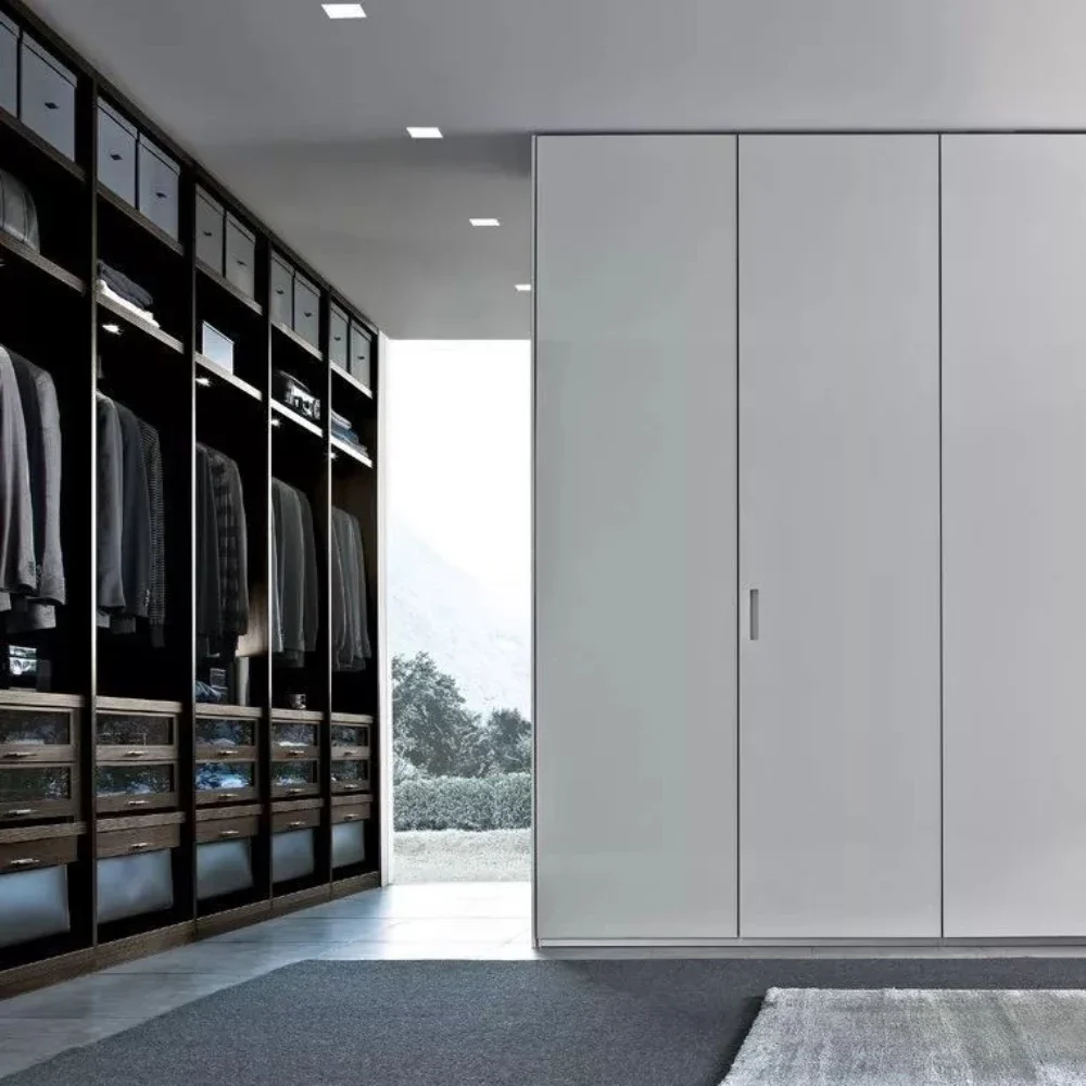 Dressing Room L Shape Customized Luxurious Solid Wood Walk In Closet With Shoes Cabinet