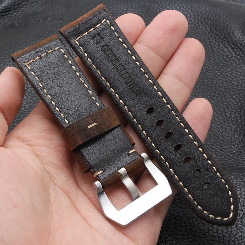 For Panerai Watch Band Vintage Crazy horse leather strap for PAM111/441/312 Hamilton SEIKO Fossil 22/24mm Men's thicker bracelet