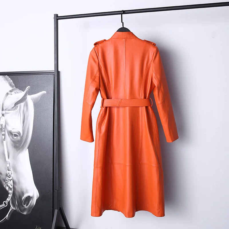 Leather Trench Coat for Women 2022 Orange V-neck Double Breasted Belt Lace Up Slim Warm Long Windbreaker Manteau Femme Hiver