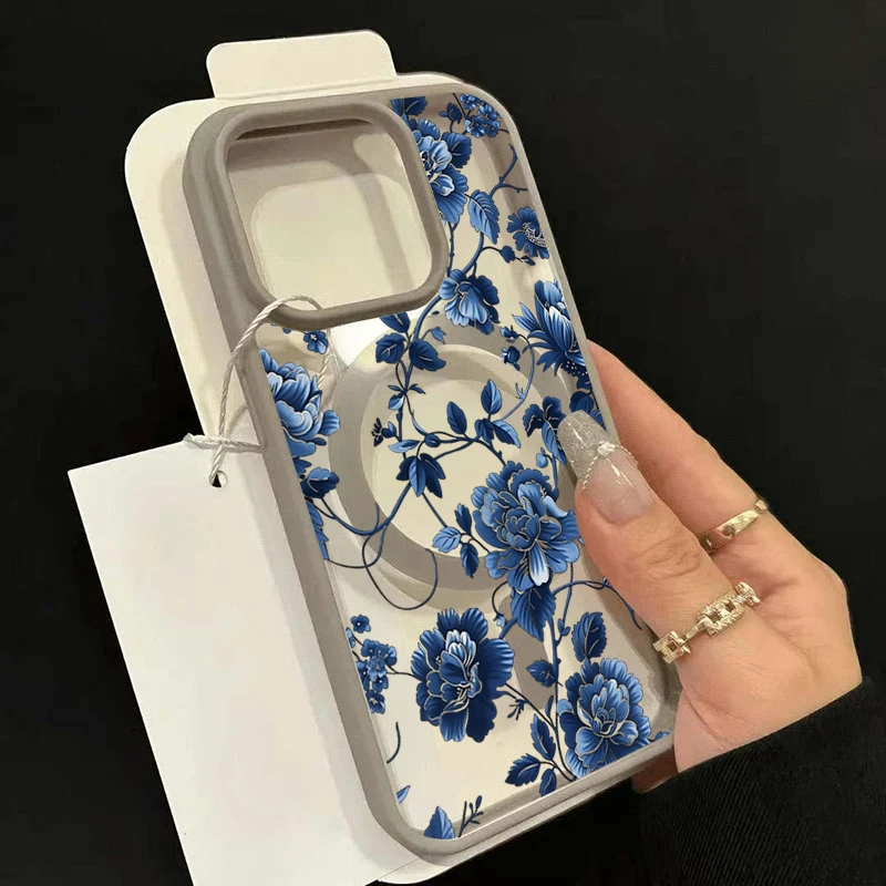 Luxury Vintage Blue Floral Magnetic Phone Case for iPhone 17 16 15 Pro Max 14 Plus 13 12 11 16 Pro 16E 17E Air Shockproof Cover - view 5
