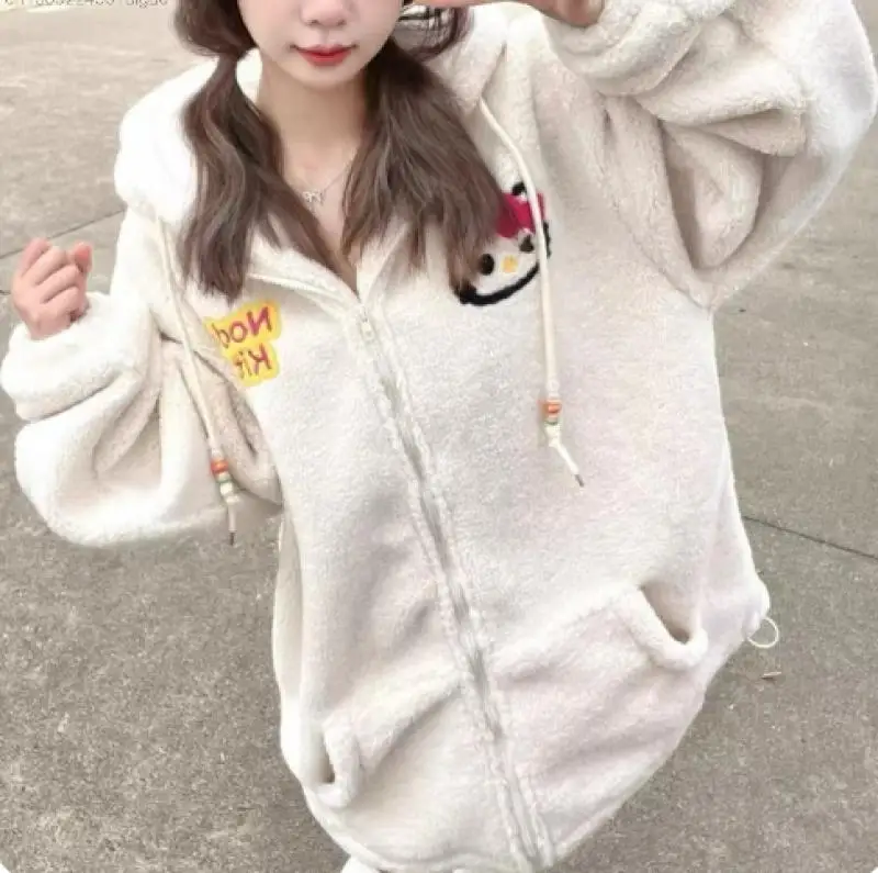 Sanrio Hello Kitty Lamb Wool Coat Girl Student Winter Loose Plush Thickened Warm Cotton Coats Winter Embroidered Cardigan Hoodie