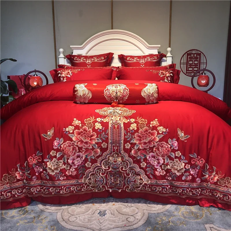 Wedding embroidery New Chinese embroidery  four-piece wedding set Red wedding quilt set room bed