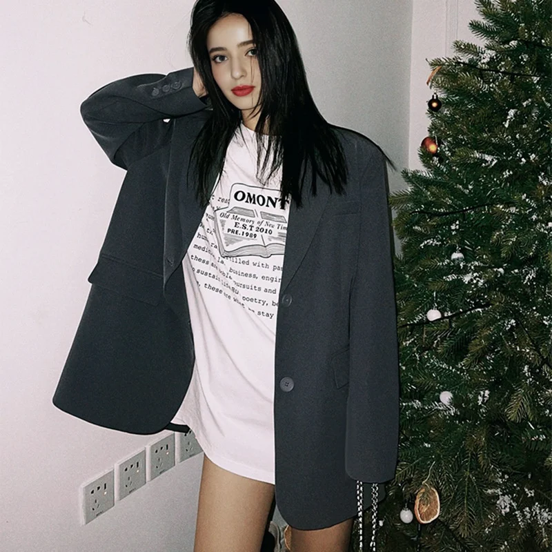 

Повседневный элегантный женский пиджак Весна 2025: Модный свободный крой, длинный рукав, однотонный, для офиса, полиэстер