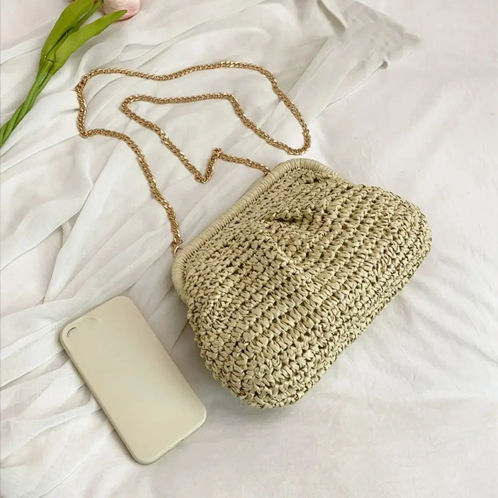 Bohemian Shell-shaped Weave Bag Chain Strap Large Capacity Chain Crossbody Bag Handbag Hollowed Out Straw Shoulder Bag Outdoor