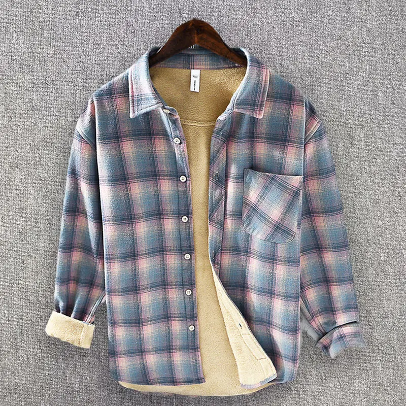 Men's Button Down Long Sleeve Brushed Plaid Casual Shirts Fall Winter Single Pocket Thicken Fleece Sherpa Lined Flannel Shirts