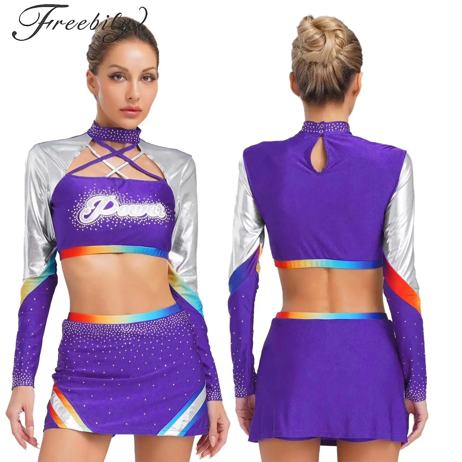 

Cheerleader Outfits Women Schoolgirl Sport Meeting Cheerleading Uniform Costume Crop Tops+Mini Skirt Suit Rhinestone Dancewear