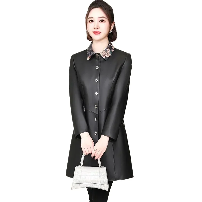 Genuine Leather Jacket Women 2024 Mid-length Real Sheepskin Coat Slim Leather Jackets Woman Elegant Windbreaker Lapels Chaquetas