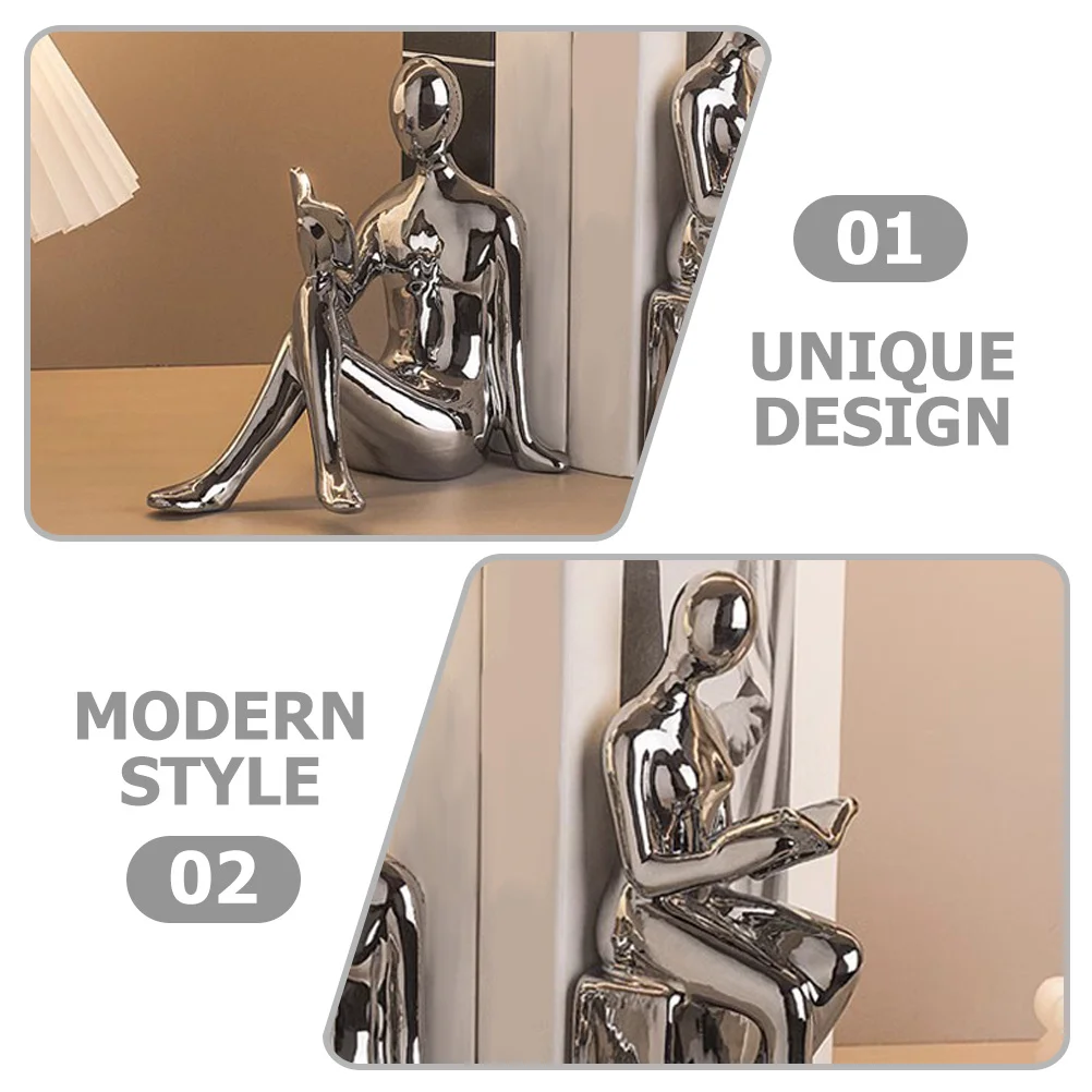 

Bookshelf Abstract Reader Figurines Man Reading Decoration Lovers Statue Sculpture Decorative Objects Silver