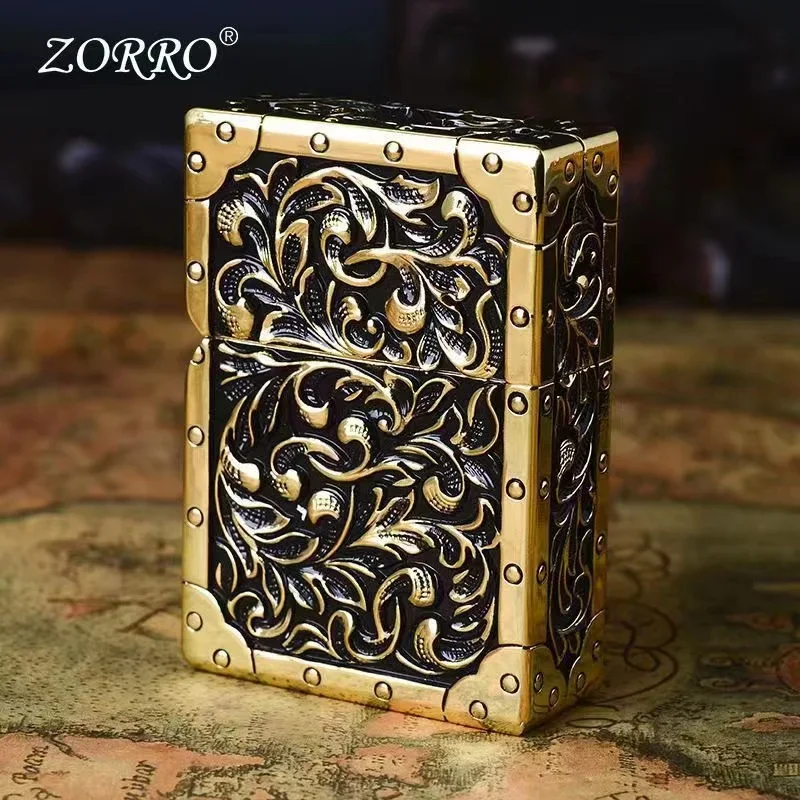 ZORRO Pure Copper Royal Nobles Lucky Tang Grass Relief Kerosine Lighter Grinding Wheel Ignition Windproof Lighters Smoking Gifts