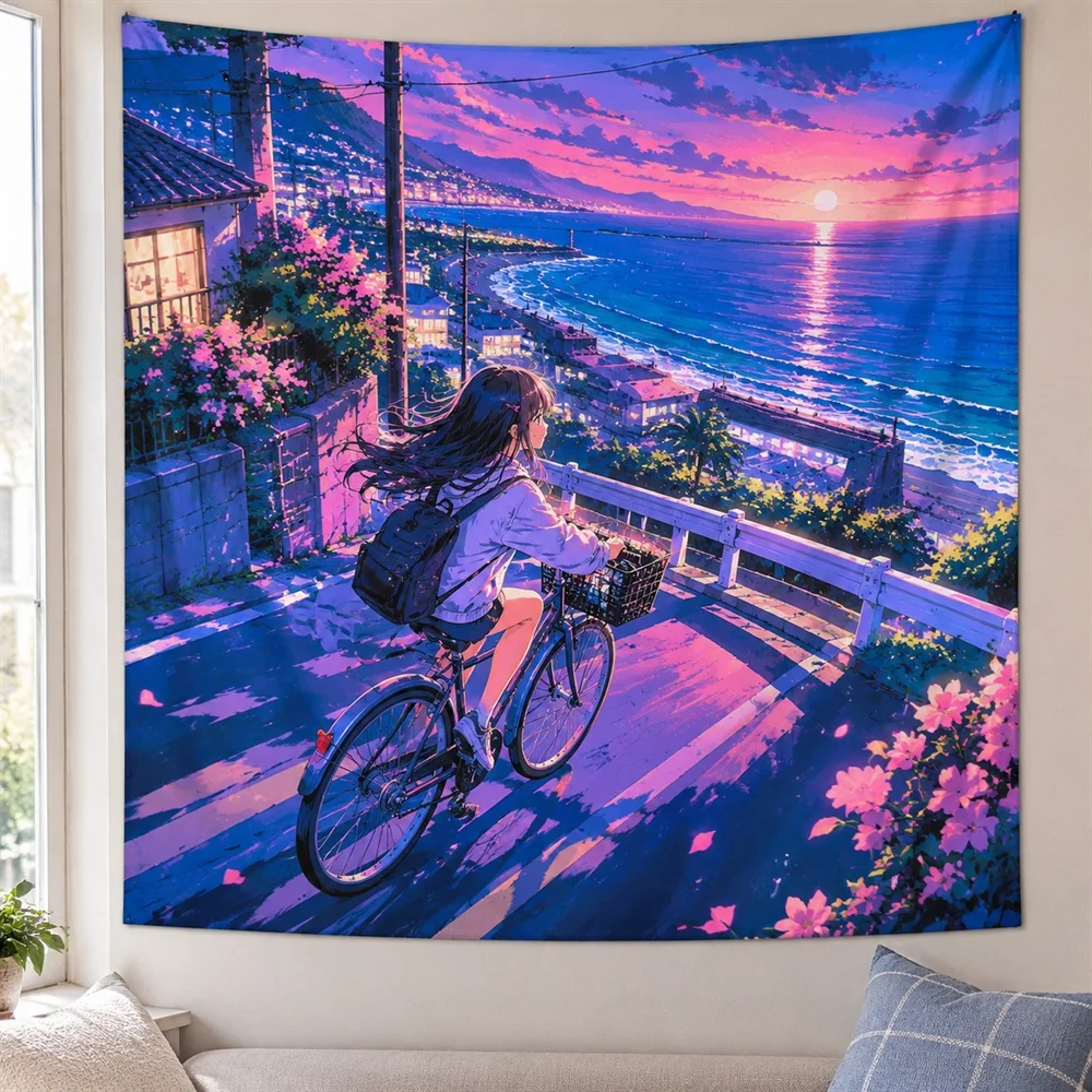 VIKAMA Cycling Girl Anime Tapestry Wall Hanging, Aesthetic Cinematic Anime Room Decor Tapestries for Bedroom Living Room Study