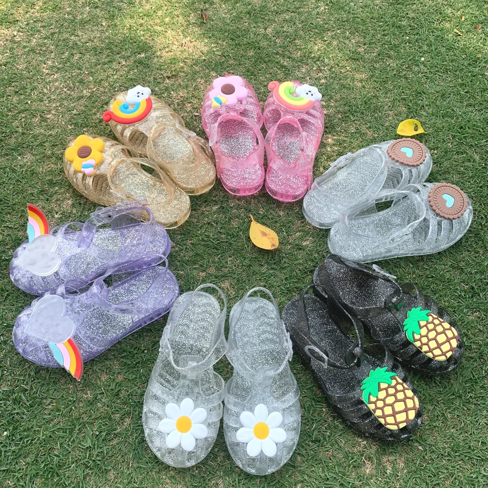New Girls Summer Sandals Children Shoes Cubic Flower Figure Transparent Models Flat Sandals Outdoor Parent-child Kid Beach Shoes