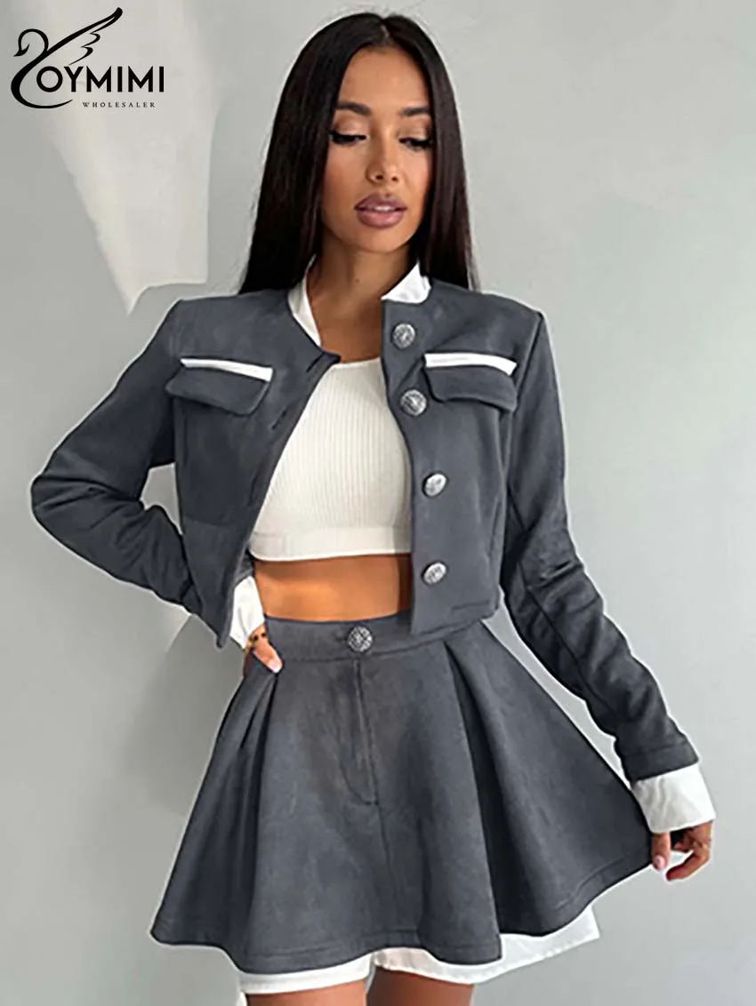 Oymimi Elegant Grey Patchwork Women 2 Piece Set Outfit Fashion Long Sleeve Pockets Button Crop Shirts And Pleated Mini Skirts