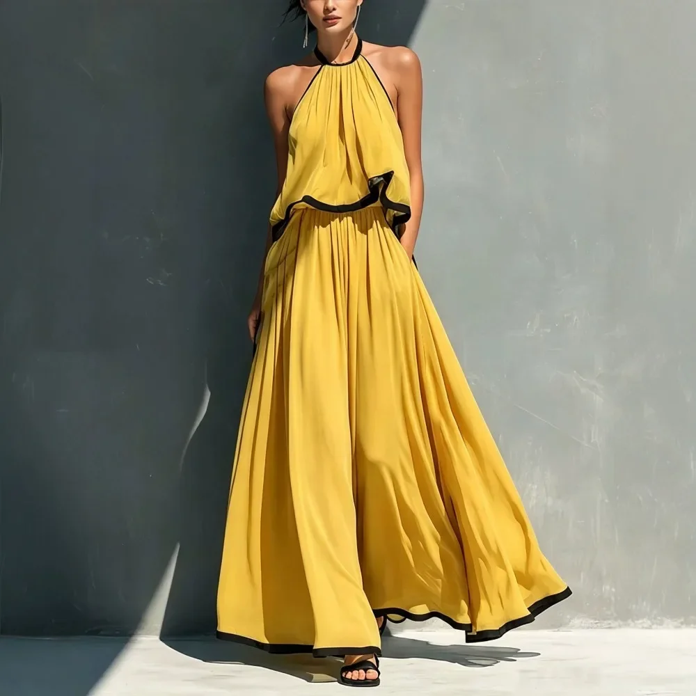 European American Summer New Women Set Halter Neck Sleeveless Top High Waist A Line Skirt Solid Color Simple Pleated