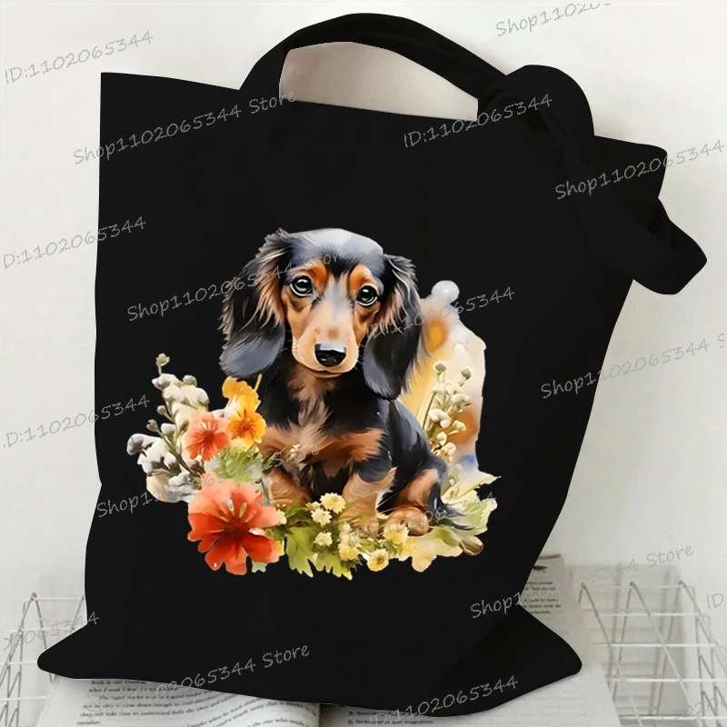 Watercolor Dachshund Graphic Women Canvas Tote Bag Fashion Dog and Wild Flower Print Shopping Bag Cartoon Casual Storage Handbag