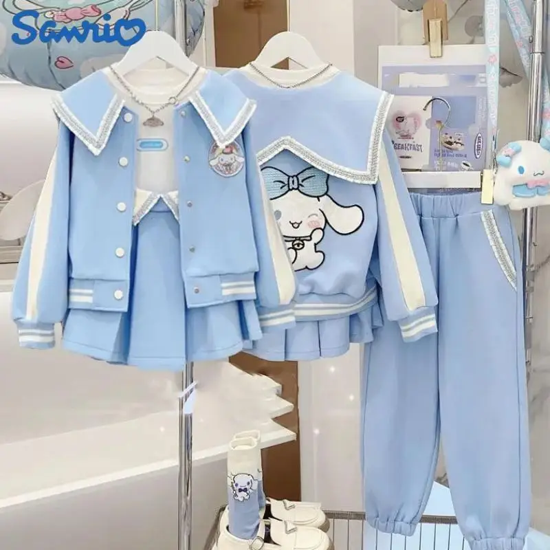 New Sanrios Cinnamoroll Anime Girls Set Autumn/winter Kawaii Children Baseball Coat Pleated Skirt Pants Two Piece Christmas Gift