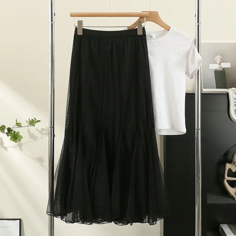 

Повседневные абрикосовые плиссированные юбки из сетки для женщин, летняя модная длинная юбка с эластичной талией в уличном стиле, длина до середины икры, 2026