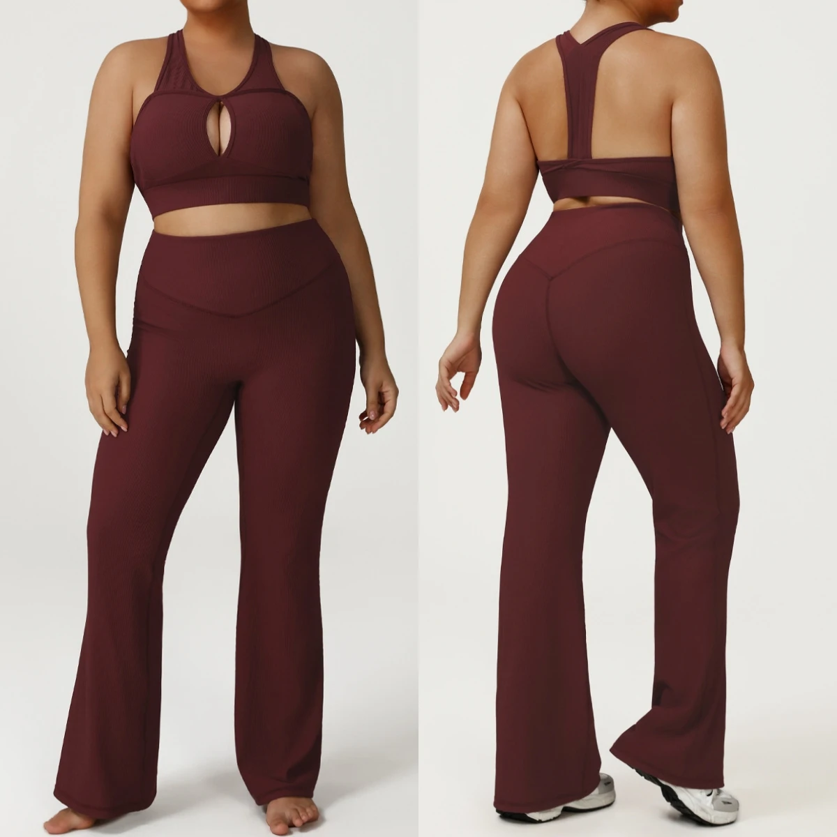 Plus Size 1XL-4XL Women Ribbed Yoga Set 2 Piece T Back Sports Bra High Waist Flared Leggings Gym Fitness Workout Set Activewear