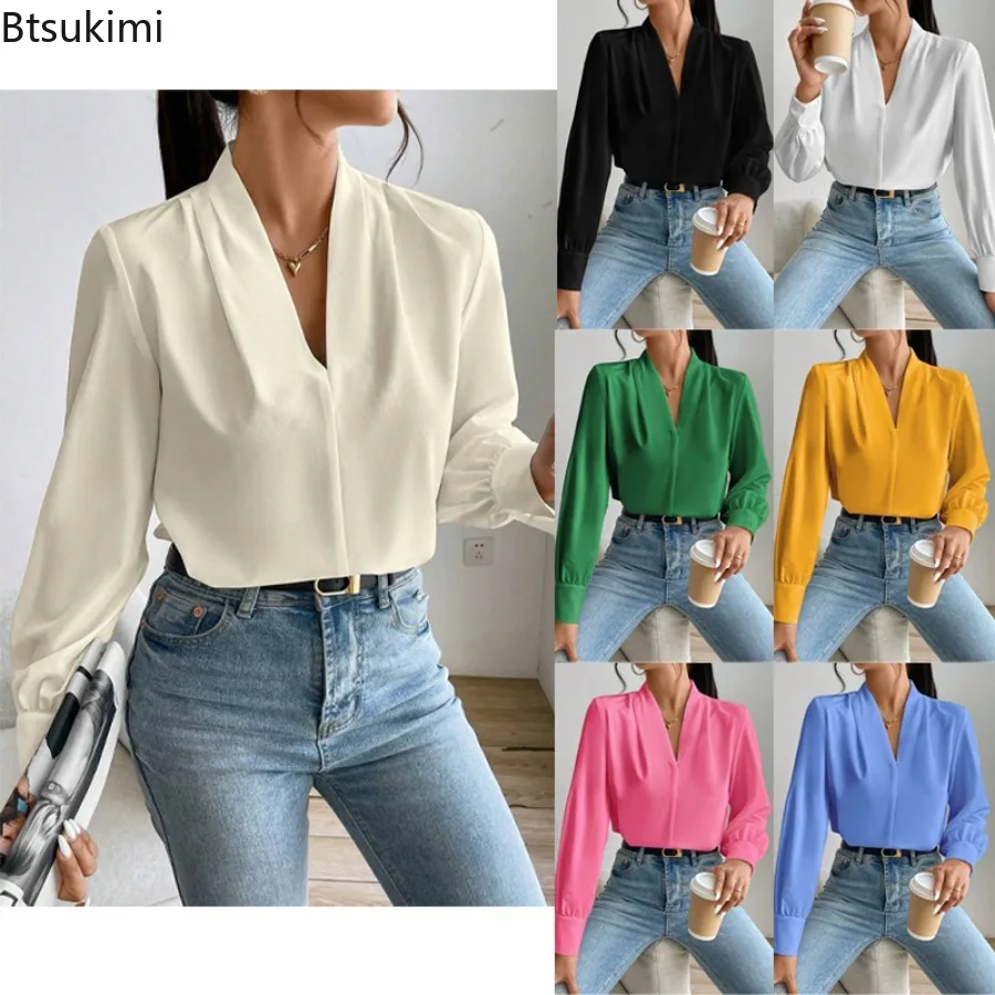 

2024 Fashion Elegant Blouses Women's Solid Color Long Sleeve V Neck Shirts Tops Spring Autumn Office Ladies Commuting OL Blouses