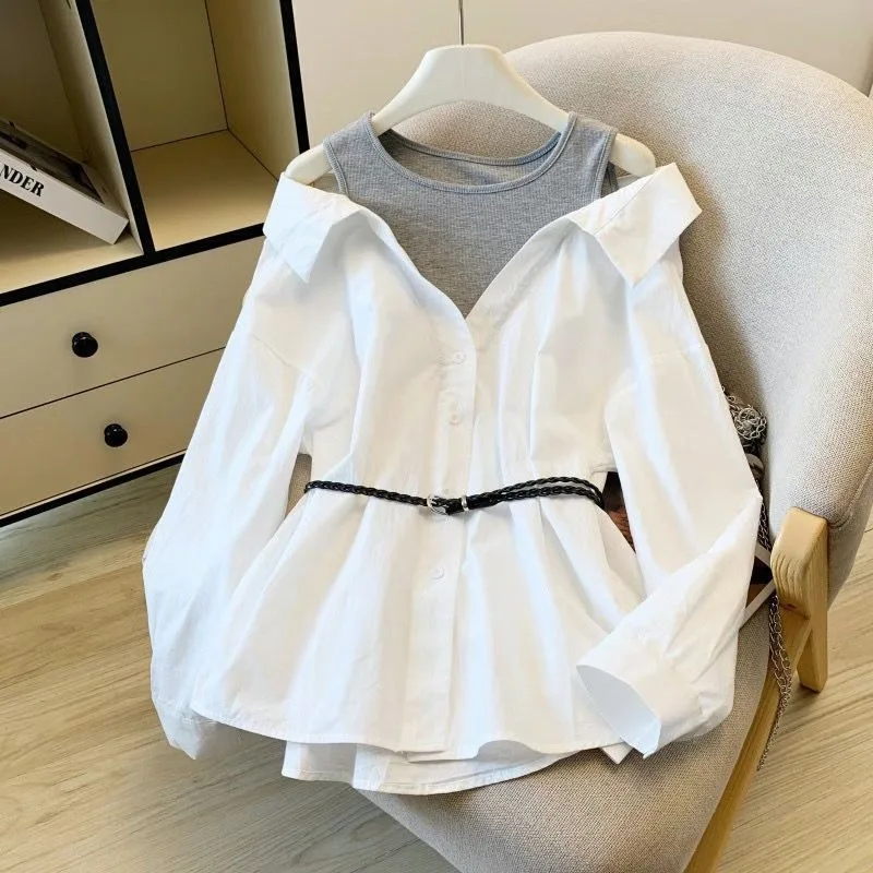 

Two White Long-sleeved Spring and Autumn Shirts French Style for Women Wear Featuring Cinched Waist and Off-the-shoulder Design