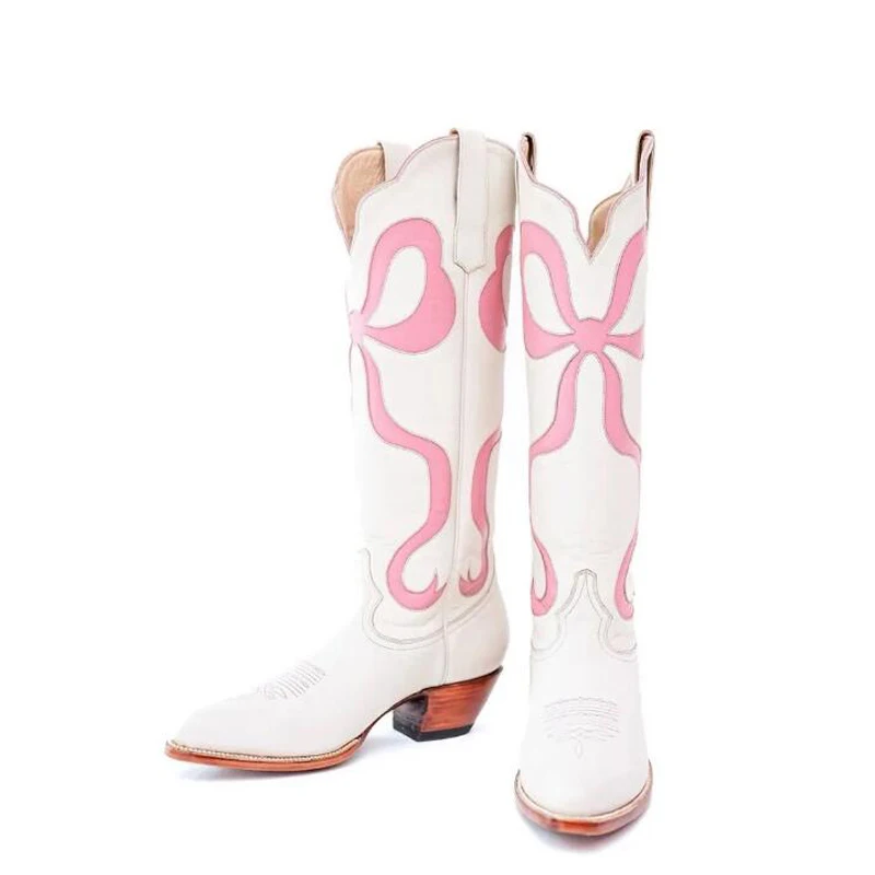 2024 New Bowknot Embroidered Western Cowboy Boots Pointed Toe Chunky Heel Mixed Color Thigh High Versatile Retro Fashion Boots