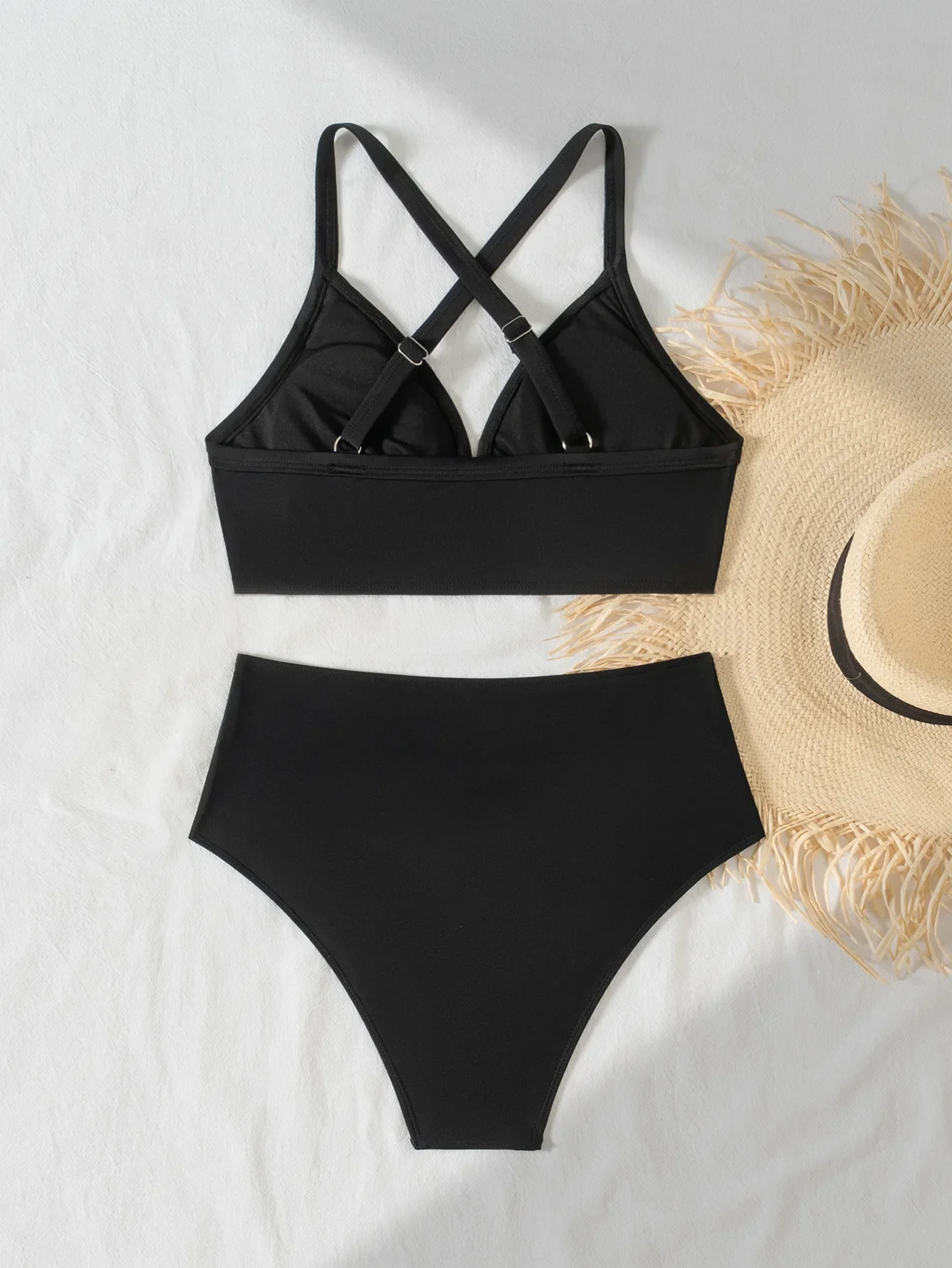 Sexy Black High Waist Swimsuit 2025 Women Back Cross Push Up Crop Top Two Piece Swimsuit Beach Bathing Suit Holiday Swimwear
