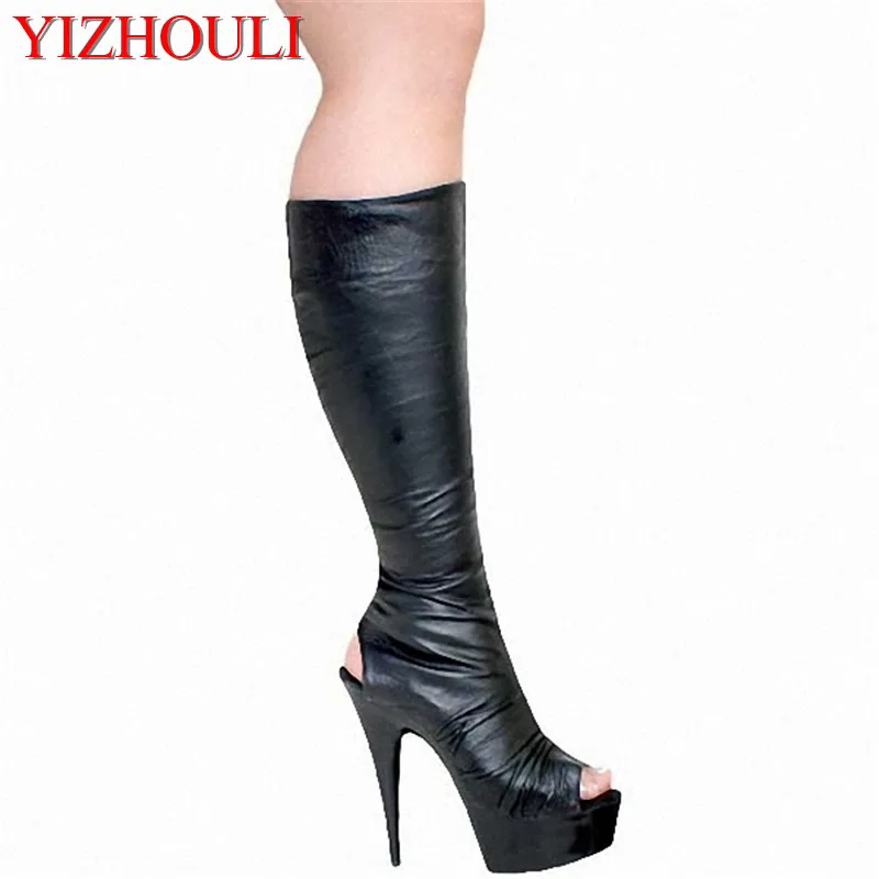 

15 cm high heel boots, sexy peep-toe women knee-high boots, thick soled stage model performance dance shoes