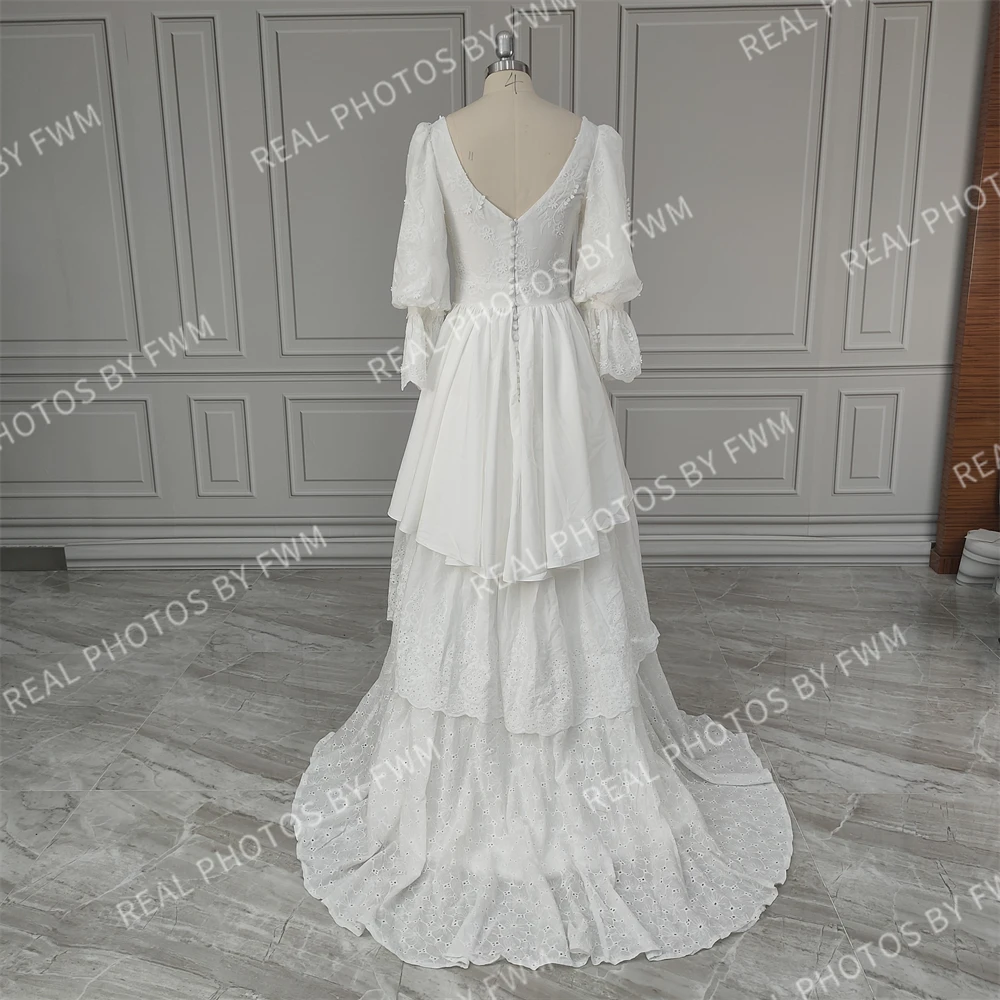 8764 #   Personalizado vintage 3/4 mangas baixas de volta em camadas vestido de casamento de renda vestido de noiva para mulher com trem varredura feito sob encomenda