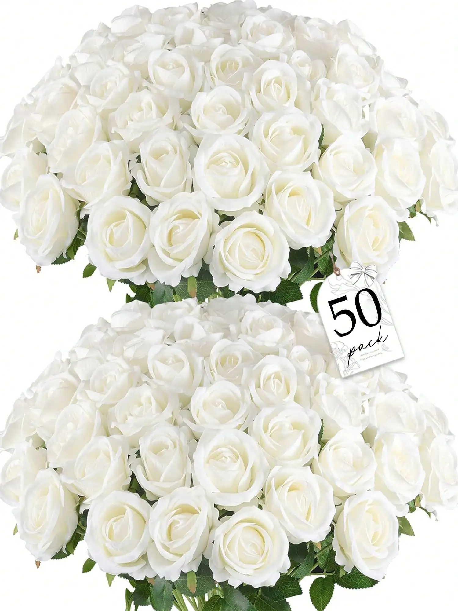 50 Pcs Artificial Roses Bulk Velvet Silk White Roses White Roses For Wedding Centerpieces Bridal Bouquet Mother's Day Valentine's Day Home Decor (50, White)