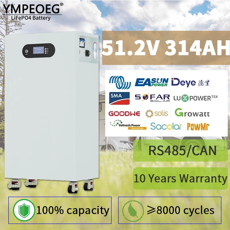 100% Full Capacity 51.2V 280Ah/314Ah Built-in BMS LiFePO4 Battery Pack Brand New Grade A 15KWh/16KWh Solar Power Bank for RV