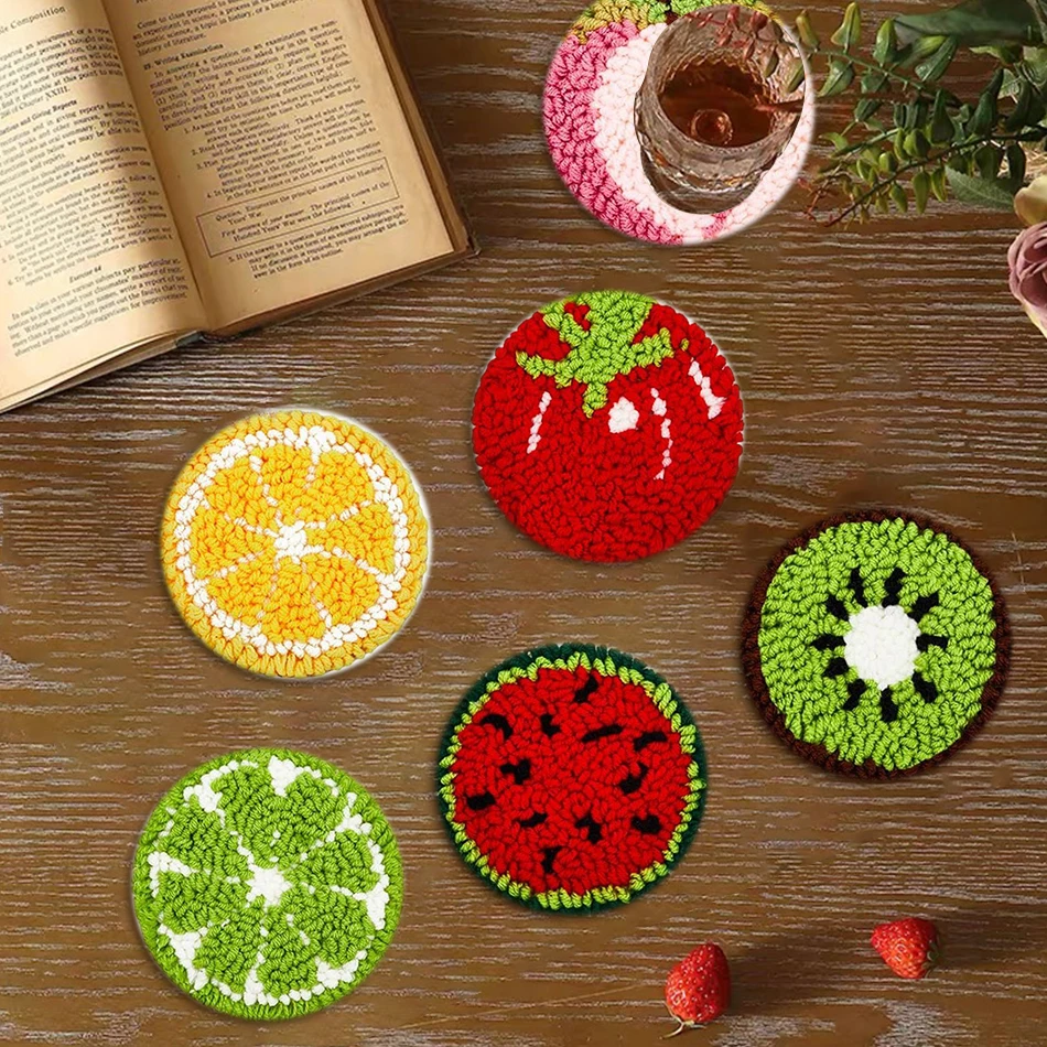 

CHENISTORY 6pcs /Set DIY Punch Needle Coasters Kit Fruit Pattern Punch Needle Kit Complete Embroidery Starter Set for Beginners