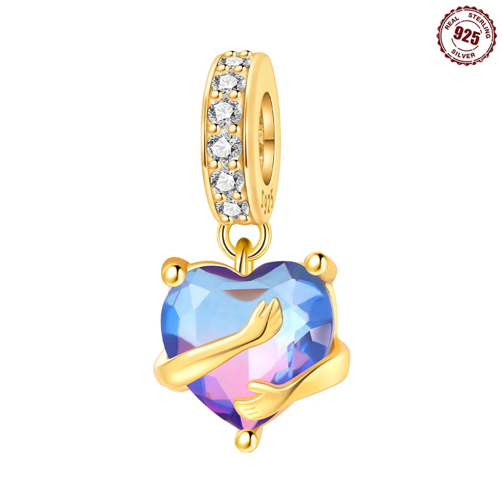 925 Sterling Silver Self‑Love Hug Heart Dangle Charm Bead Pave Clear CZ Bracelet Bead Ombre Heart Crystal Women Jewelry Gift