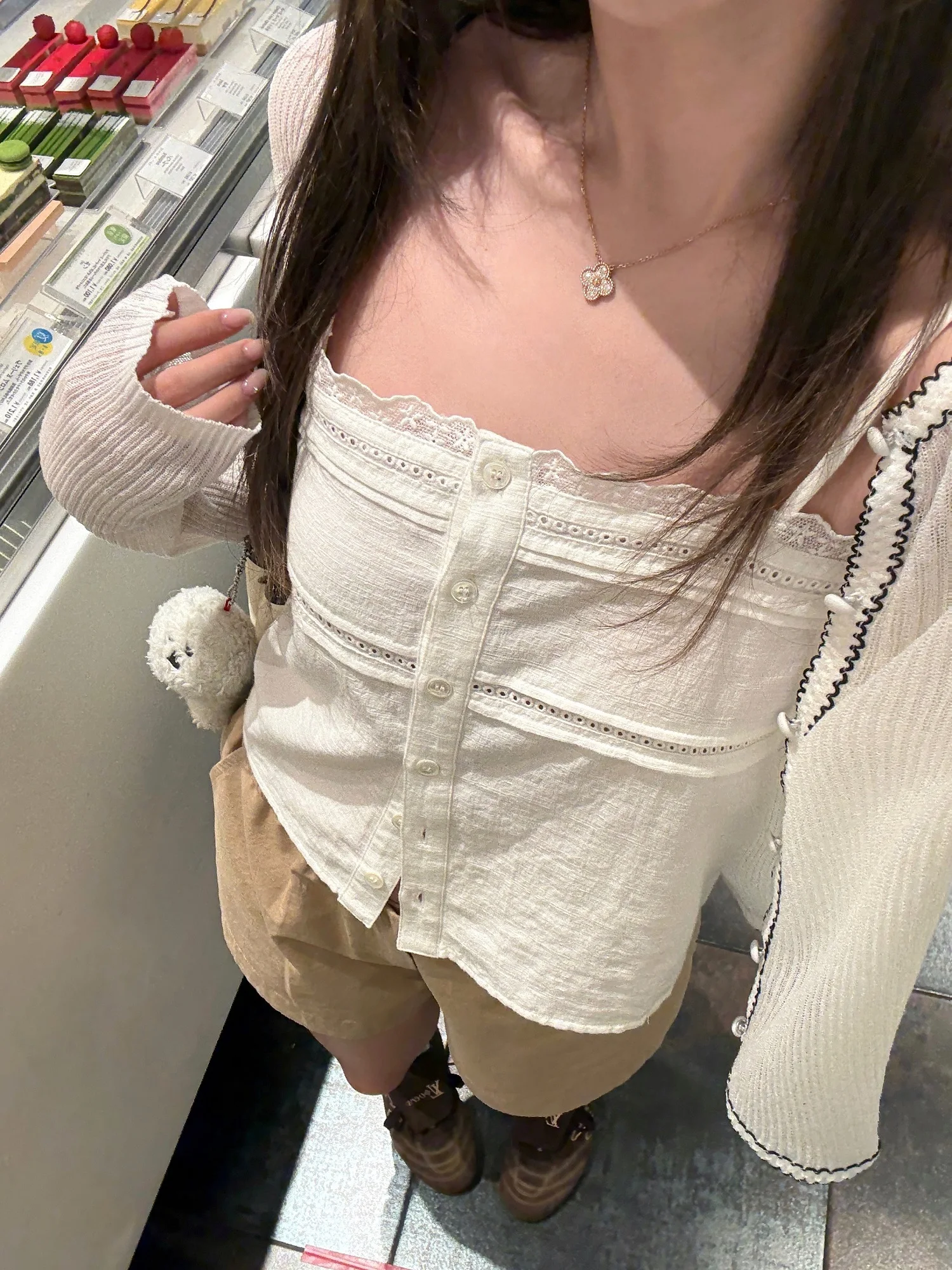 

CUTEioi Summer Inner Wear Floral Embroidery Lace Trim Women's Cover up Sweet Sle Cotton Straight Tube Top Single Button