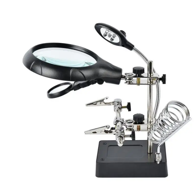 3 Hand Soldering Iron Stand Welding Tool With Magnifying Glass Illuminated LED Alligator Clip Holder Clamp Helping Repair