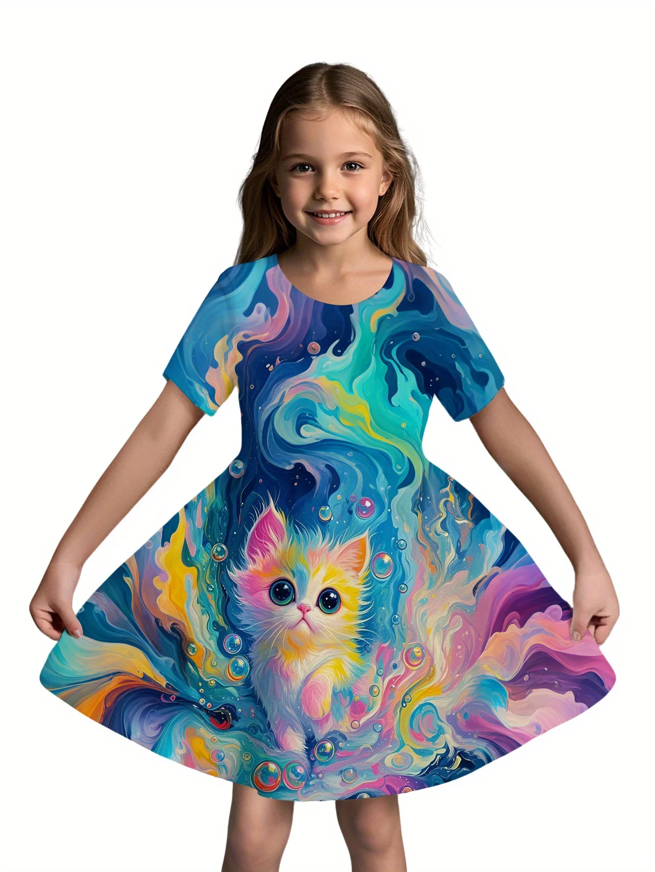 Girls Summer A-Line Dress, Vibrant Marble Cat And Bubble Print Short Sleeve Casual Princess Dress
