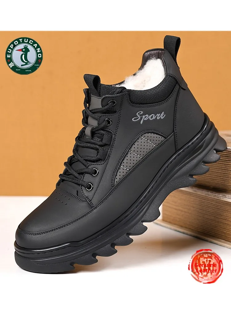 

Men's Casual High-Top Boots Thiened Warm Wool Cotton Leather oes round Toe Low Heel Rubber Sole Pure Color EUROTUCANO