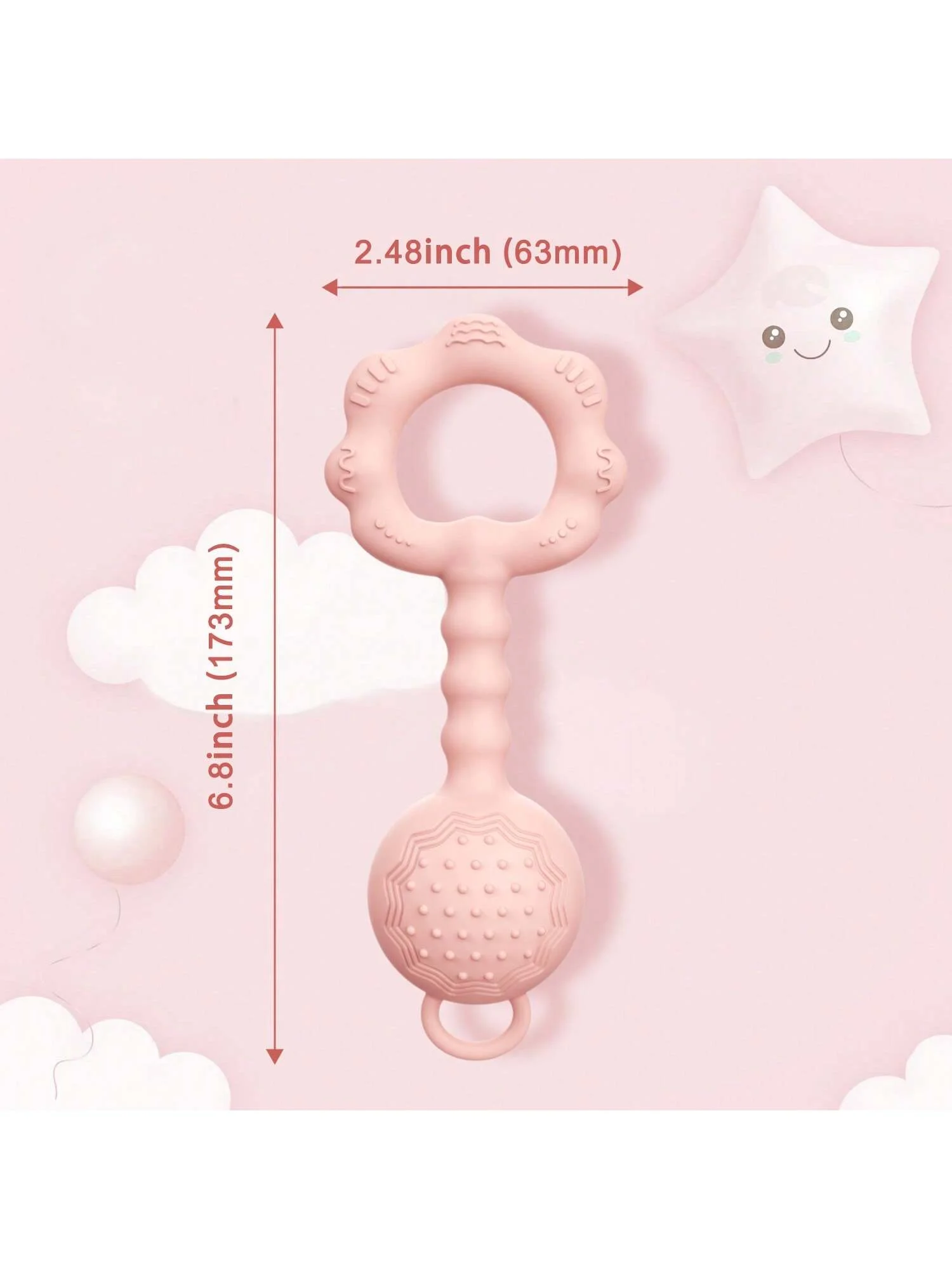 1 jouet hochet en silicone. Anneau de dentition apaisant pour bébés garçons et filles. Doux, sûr et parfait pour mâcher et réconforter.